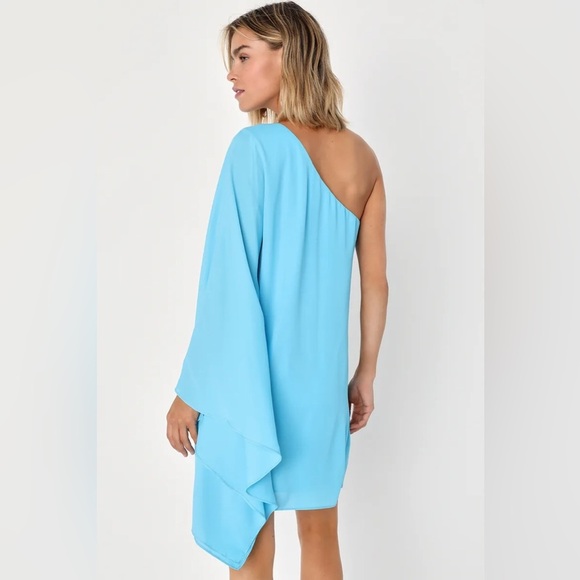 NEW NWT Lulus Summer Daze One-Shoulder Kaftan Sleeve Mini Dress in Turquoise - Picture 4 of 10